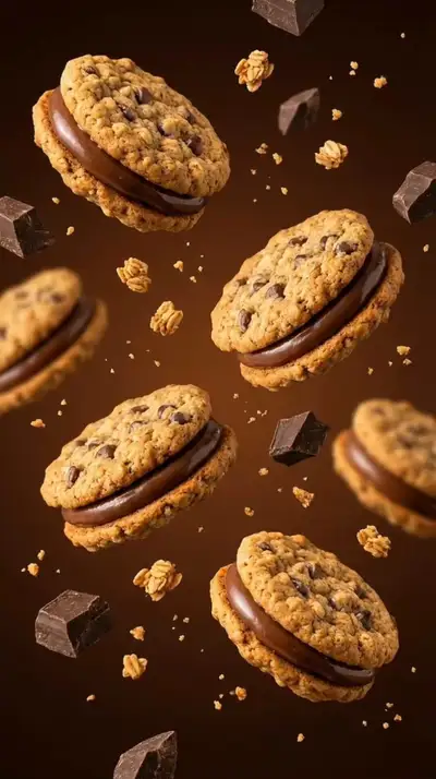 Levitating oatmeal chocolate chip cookie sandwiches product shot