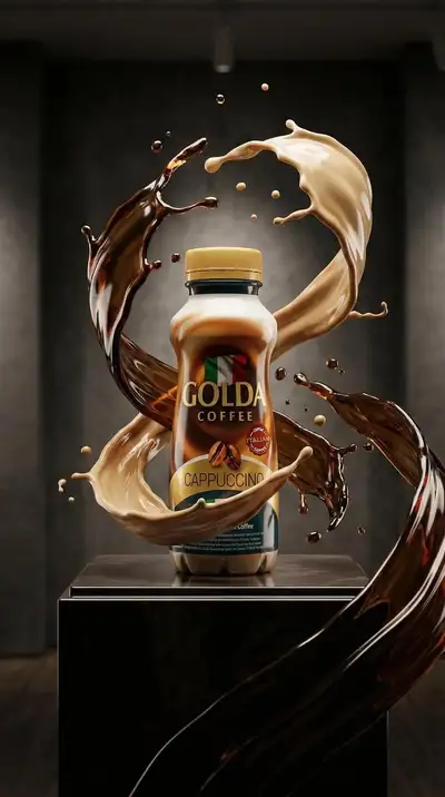 Cappuccino Bottle Ad With Fire, Ice and Marble