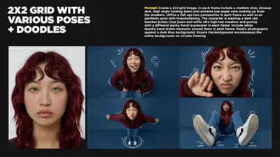 2x2 grid sneaker fashion shots with fisheye perspective and doodles