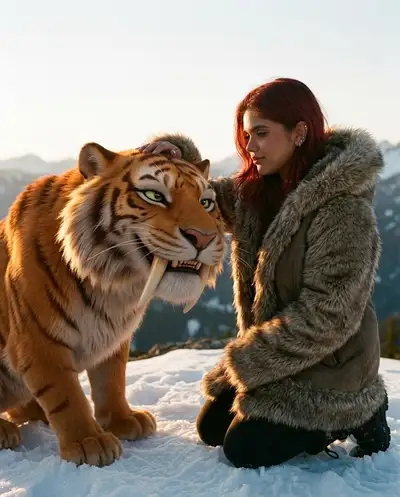 Companheiro animado de tigre-dente-de-sabre: prompt fotorrealista em uma cordilheira nevada