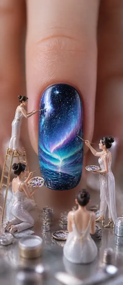 Macro beauty photo of a tiny artist painting a starry-sky nail