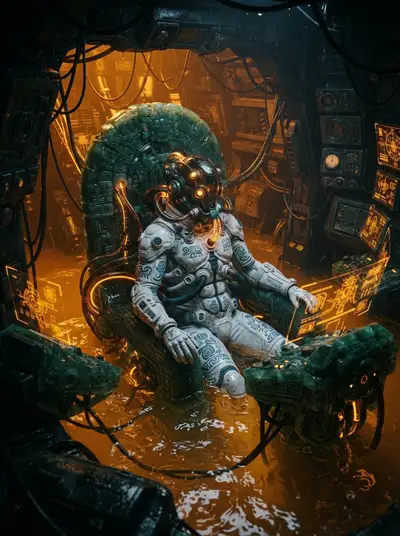 Evangelion cockpit meets Aztec moon deity image prompt