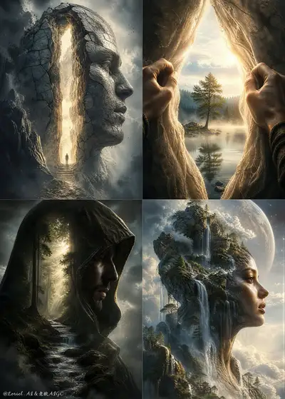 Composition Cinématographique Surréaliste Fantastique de Nature en Quatre Panneaux