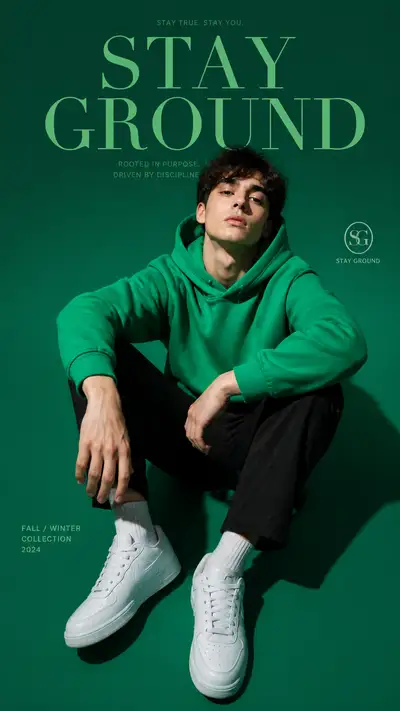 Editorial campaign portrait titled Stay Ground