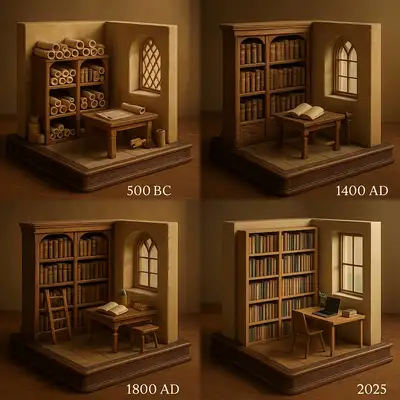 4x4 Grid of Library Dioramas Across Eras