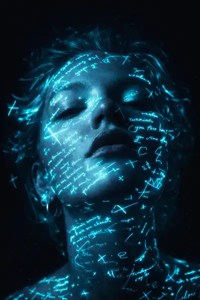 Cyber-Poesie-Porträt mit leuchtenden cyanfarbenen Textprojektionen