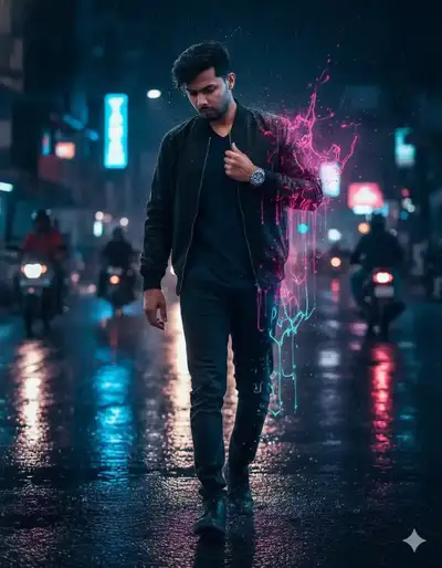 Neon Rain Cinematic Portrait
