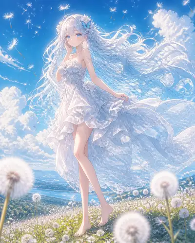 Anime Girl in a Dreamy Dandelion Meadow With Flowing Hair