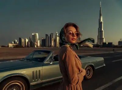 Vintage Hollywood Style Woman with Convertible in Dubai