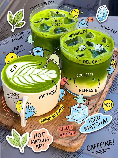 Cozy matcha cafe photo with playful hand-drawn doodles