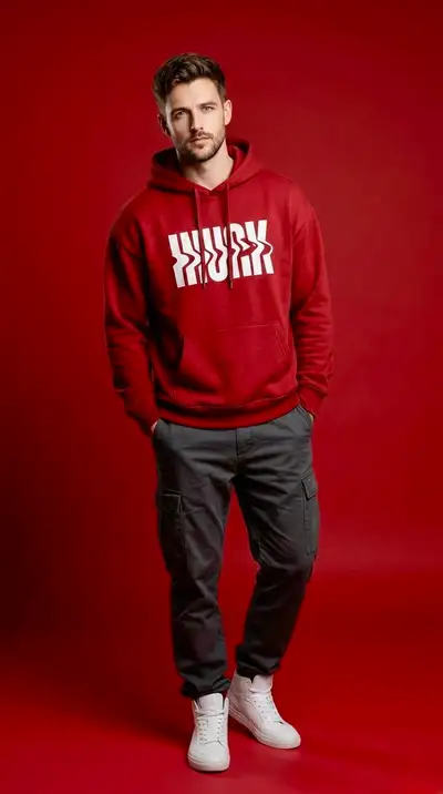 Studio-Mode-Porträt in rotem Hoodie auf rotem Hintergrund