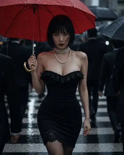 Rainy Crosswalk Red Umbrella Cinematic Portrait