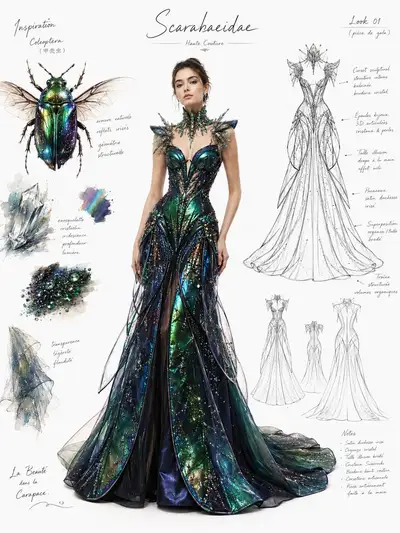 Couture fashion design sheet with technical line art