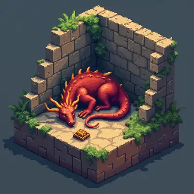 Pixel Art Drache schläft mit Schatz-Diorama