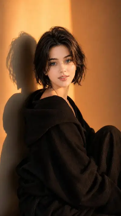 Cinematic Editorial Portrait of Woman in Black Wrap