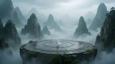 Storyboard de 15 segundos de un duelo de espadas wuxia en una plataforma montañosa envuelta en niebla