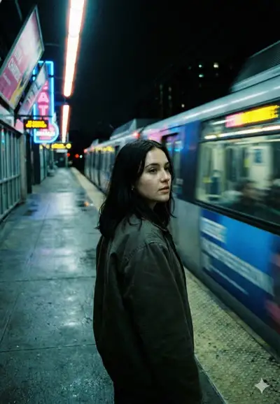 Lonely metro platform portrait with a train rushing past at night
