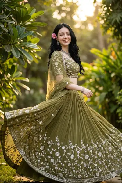 Portrait de mode ethnique en lehenga olive dans un jardin
