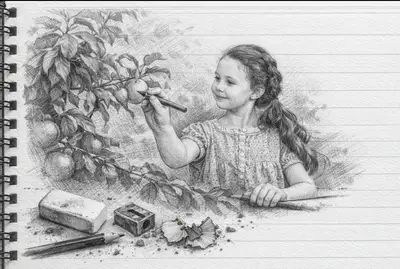 Esquisse au crayon graphite 3D d'une fille en train de dessiner