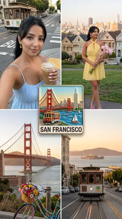 Realistic San Francisco Travel Collage with Souvenir Magnet