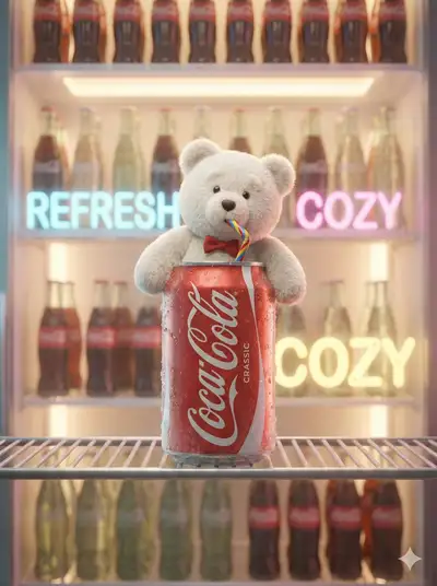 Teddy bear mascot emerging from a Coca-Cola can