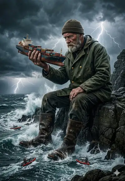 Giant Fisherman Inspecting Cargo Ship