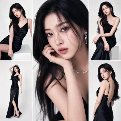 K-pop idol grid editorial in black satin dress