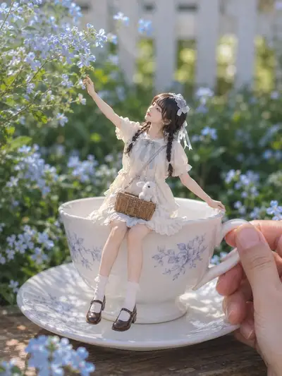 Mujer en miniatura posada en el borde de una taza de té