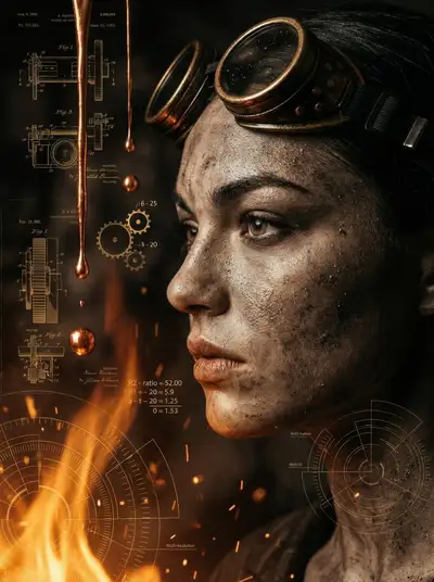 Industrial steampunk portrait with molten copper and blueprints