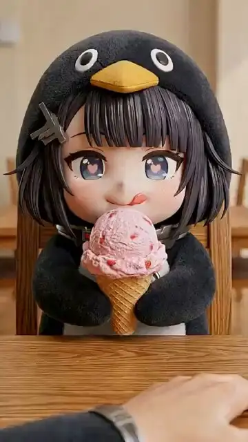 Süßes 3D-Anime-Mädchen im Pinguin-Hoodie beim Erdbeereis essen