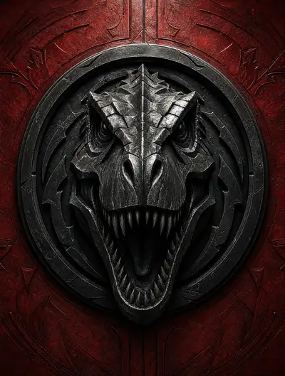 3D Metal T-Rex Emblem Sculpted on a Crimson Wall