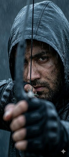 Hooded archer in the rain drawing a bow, close-up portrait