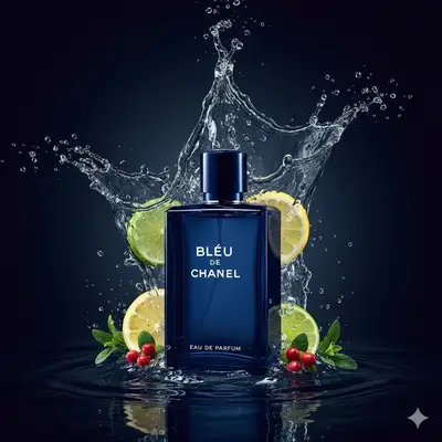 Two-scene luxury perfume ad, forest and water splash