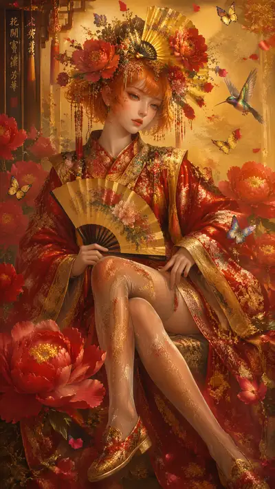 Ornate Chinese painting of a lady among giant red peonies