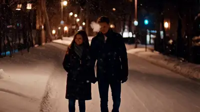 Snowy Couple Walk Cinematic Shot