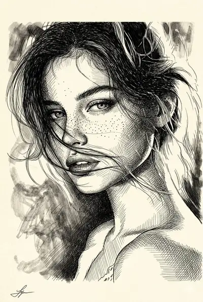 Pen and Ink Portrait of a Young Woman