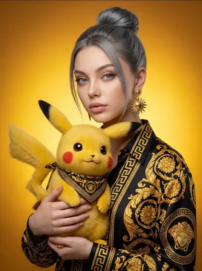 High-fashion studio photo of a woman holding a realistic Pikachu