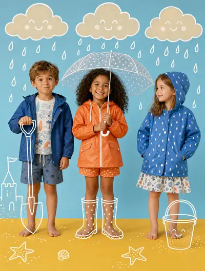 Whimsical studio portrait of three children in rain gear