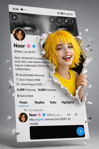 Chica irrumpiendo en 3D a través de una pantalla de perfil de X rasgada