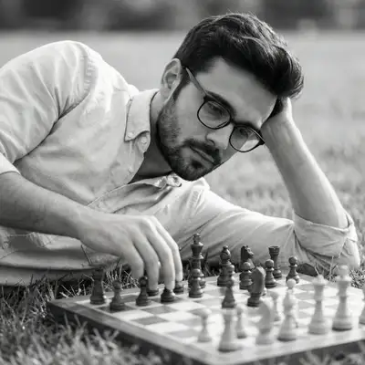 Monochrome portrait of a man contemplating a chessboard
