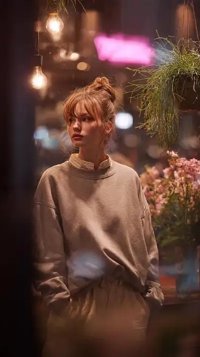 Portrait de mode spontané à travers un passant flou dans un café chaleureux