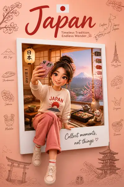 Cute 3D Cartoon Travel Poster Character for Japan