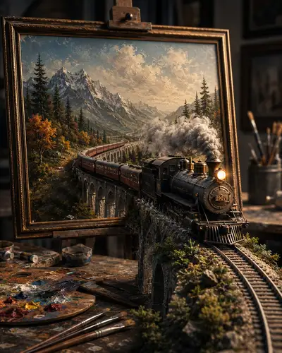 Vintage steam train bursting out of a painting