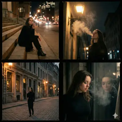 Four-panel cinematic city walk with cigarette smoke