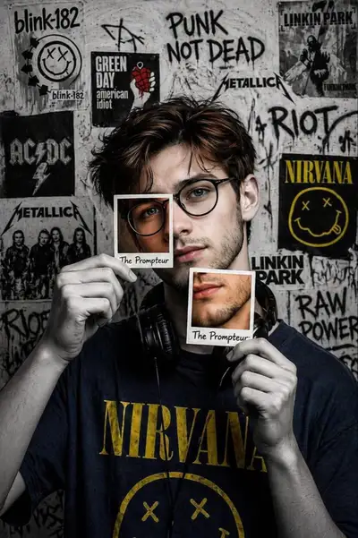 Retrato adolescente punk rock con efecto de marco fotográfico superpuesto
