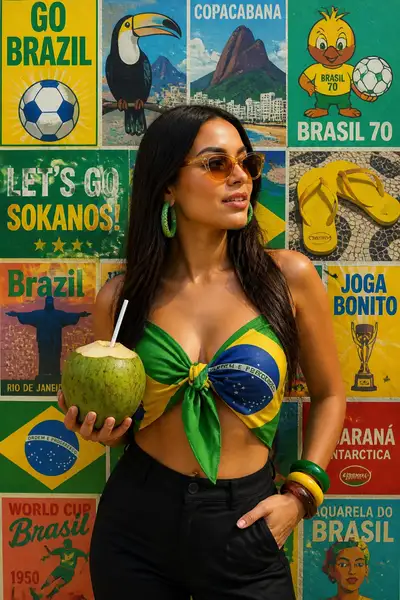 Brazilian street-style portrait with World Cup pop art wall