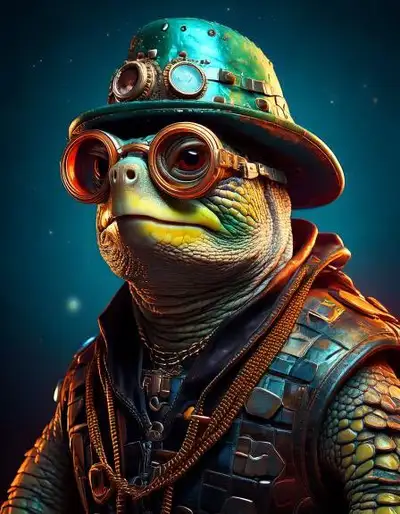 Cyberpunk-Schildkröte mit Steampunk-Hut