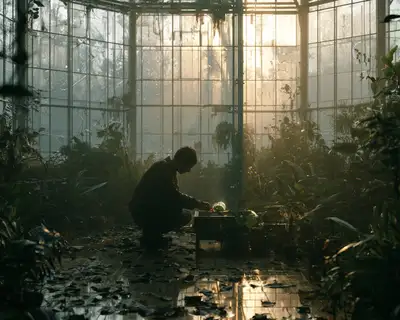 Midjourney玻璃温室植物工程师科幻编辑风提示词