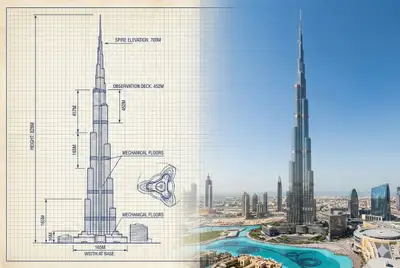 Split comparison of a technical sketch and real photo of the Burj Khalifa