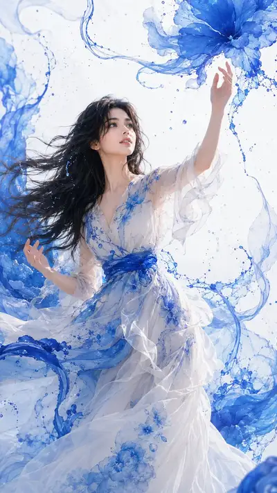 Magical Woman with Blue Ink Flowers